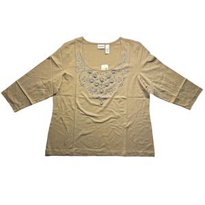 Chico's Taupe Scoop Neck Long Sleeve Tee Gaudy Embedded Rhinestone Woman's SZ 3